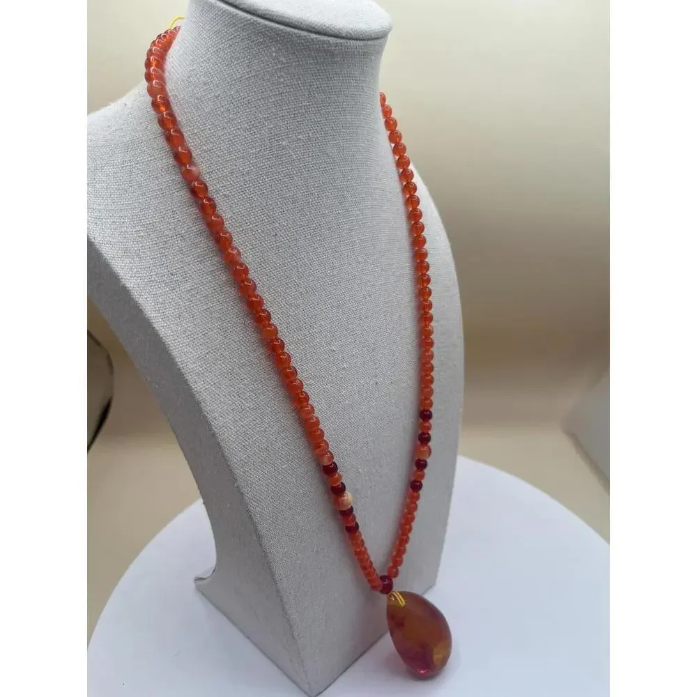 Orange Beaded Necklace with Amber Teardrop Pendant - Picture 4 of 6